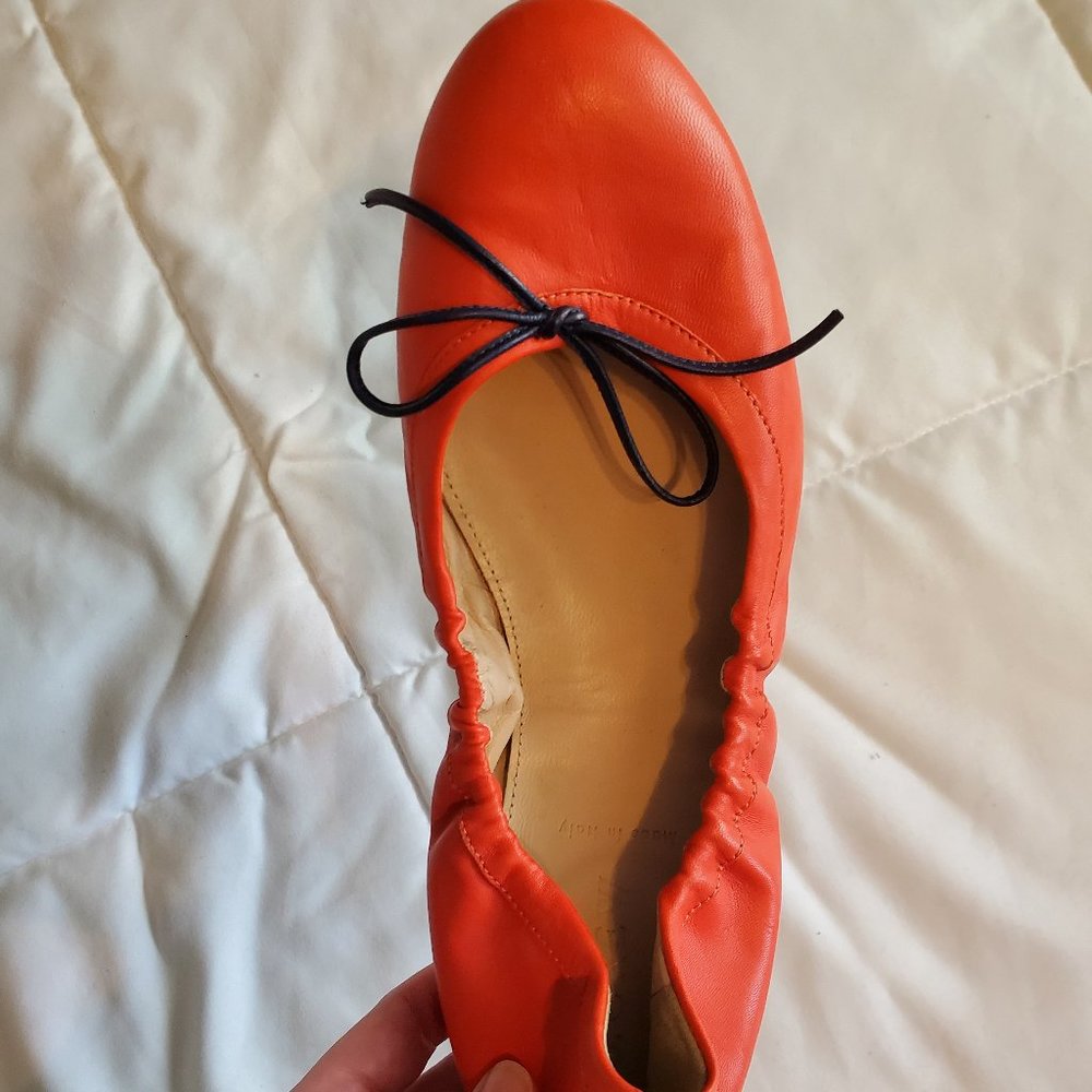 J. Crew Orange Leather Ballet Flats with Navy Bow - Picture 3 of 4